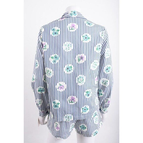 Vintage Womens PJ Pajama Shirt & Shorts Set M Blue White Striped Floral - Picture 5 of 13